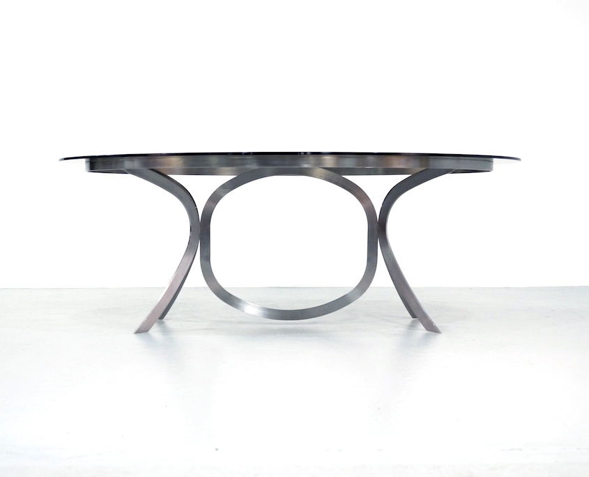 Vintage Space Age Stainless Steel Dining Table with a Smoked Glass Top