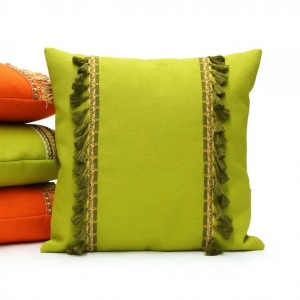 Green Pillow with Vintage Fringe Trim Handmade by EllaOsix