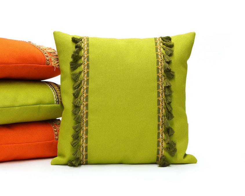 Green Pillow with Vintage Fringe Trim Handmade by EllaOsix