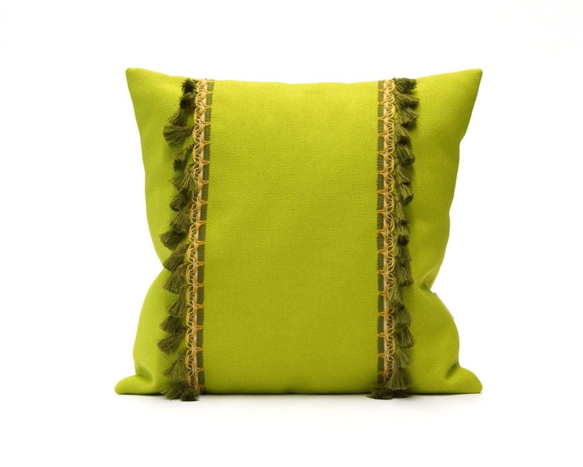 Green Pillow with Vintage Fringe Trim Handmade by EllaOsix