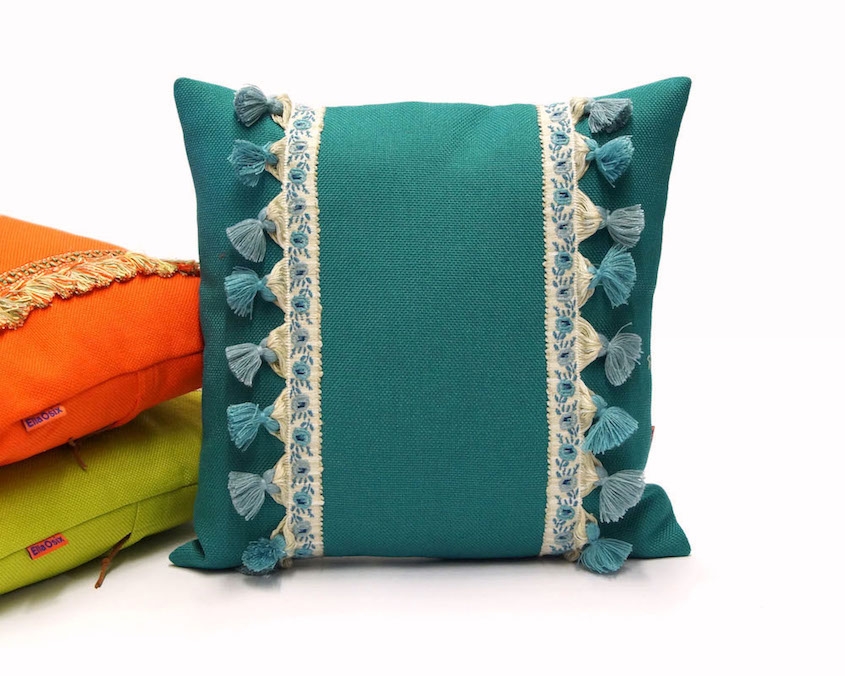 Teal Pillow with Vintage Fringe Trim Handmade by EllaOsix