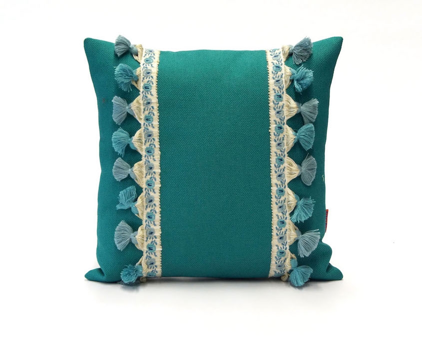 Teal Pillow with Vintage Fringe Trim Handmade by EllaOsix