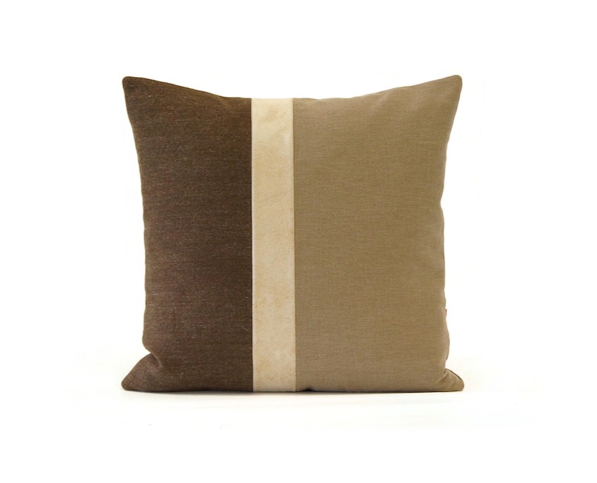 brown color block pillow with a leather stripe by EllaOsix