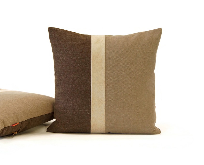 brown color block pillow with a leather stripe by EllaOsix