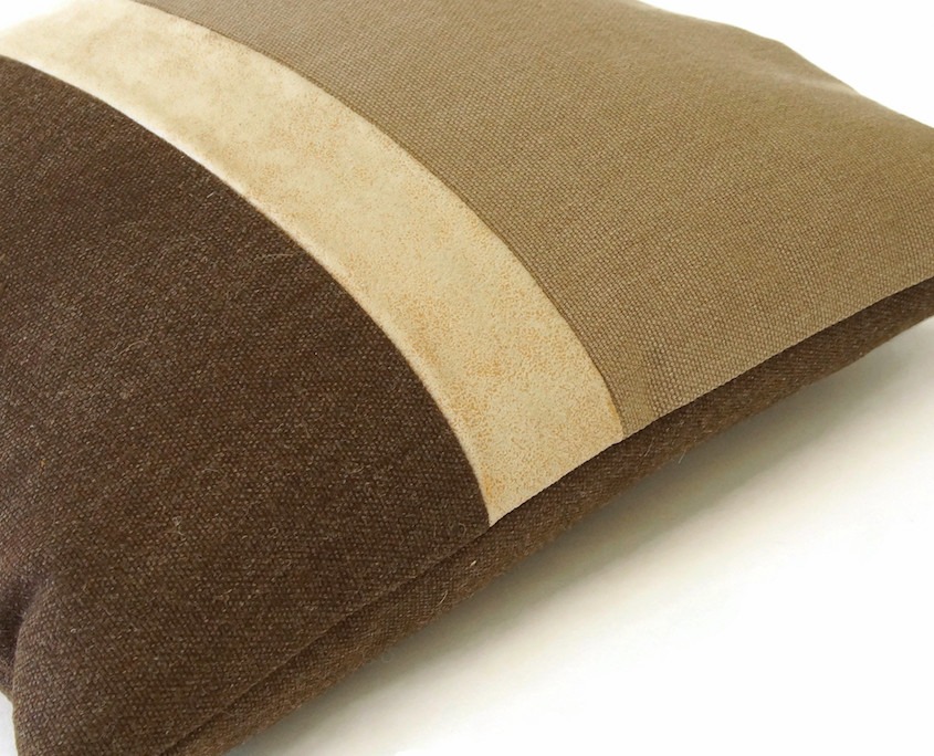 brown color block pillow with a leather stripe by EllaOsix