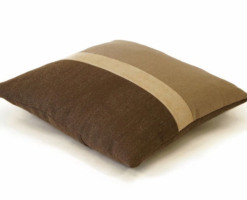 brown color block pillow with a leather stripe by EllaOsix